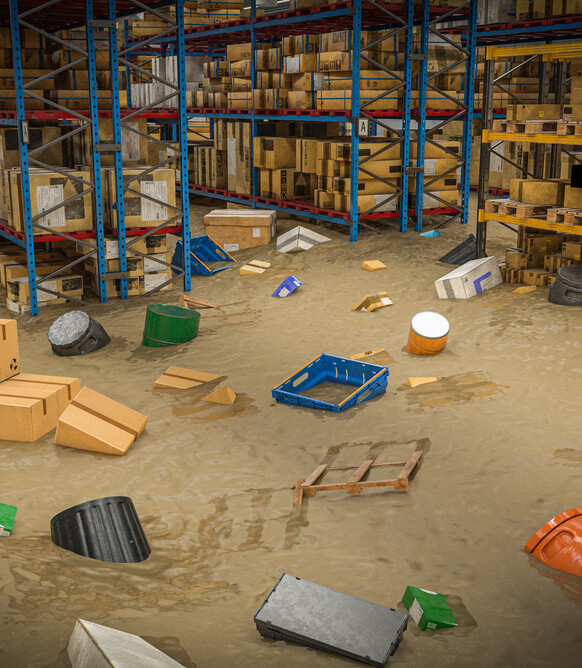 interior of a warehouse full of goods damaged by a flood of wate